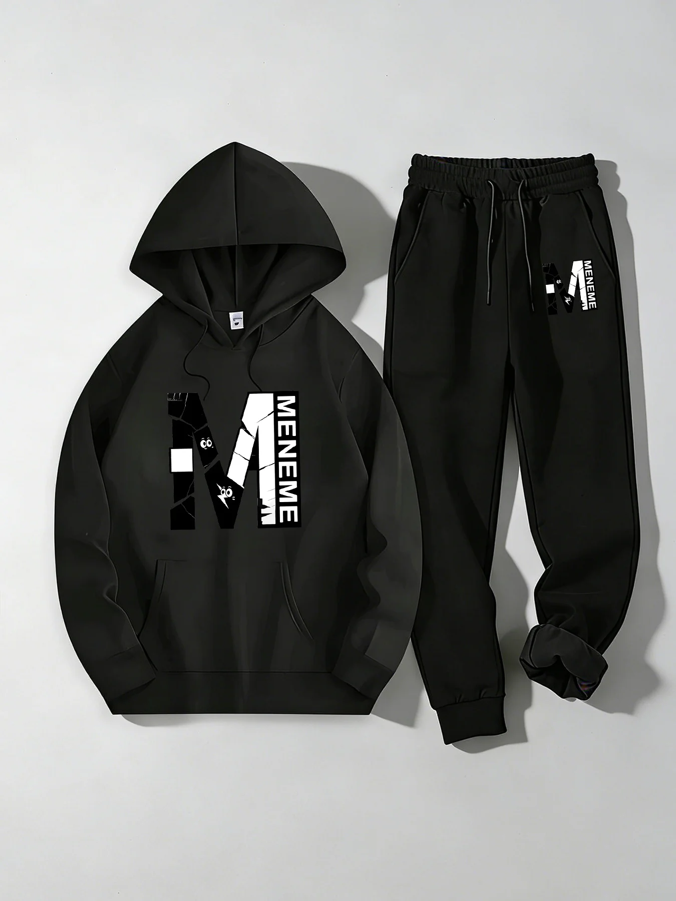 Autumn Winter Men Streetwear Tracksuit, Large Broken M Letter MENEME Print Pullover Hoodie and Sweatpants 2Pcs Sports Suit
