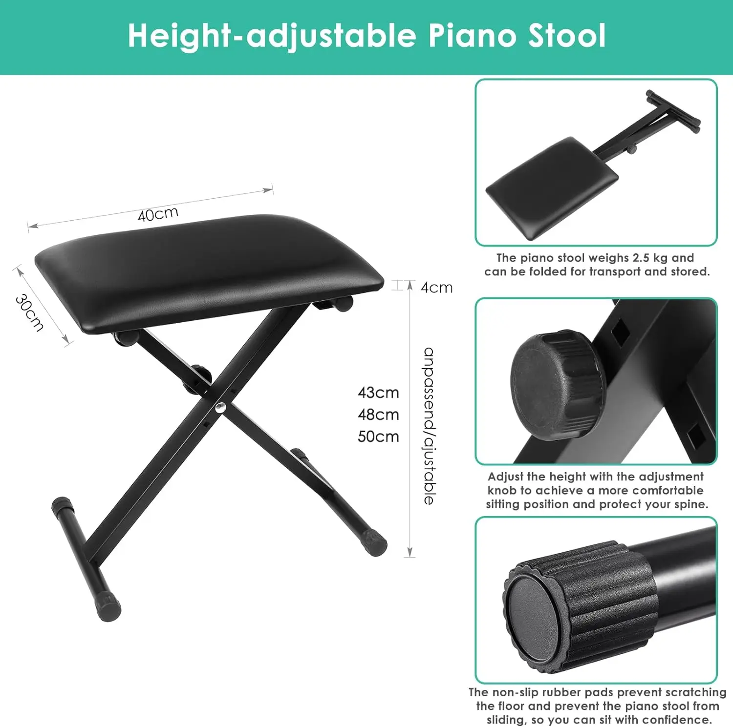 Taburete Plegable Para Teclado, Taburete Para Piano, Banco Para Teclado Acolchado En Forma De X, Banco De Piano De Piel Sintética, Altura Ajustable, Negro — -52%, 56.37€ Coupon, from 49.99€ – 52% descuento – €49.99