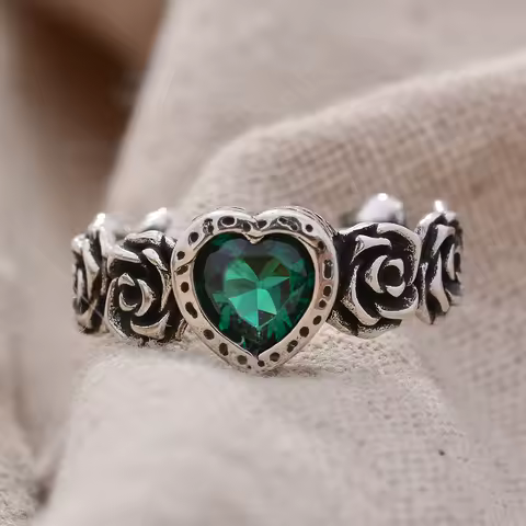 New Arrival Romantic Love Heart Green Crystal Rose Flower Retro Thai Silver Ladies Ring For Women Engagement Gifts Never Fade