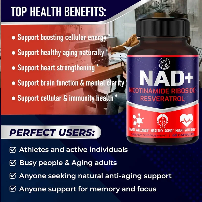 NAD+supplement contains 60 capsules of niacinamide nucleoside, resveratrol, quercetin, cell energy, and repair of healthy aging