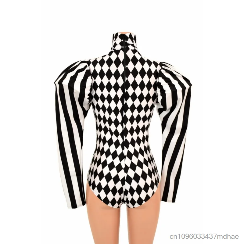 Circus Clown Cosplay Black White Rhombus Striped Puff Shoulder with Shoulder Pads For Club Party Punk Bodysuit Stage Performance view 5
