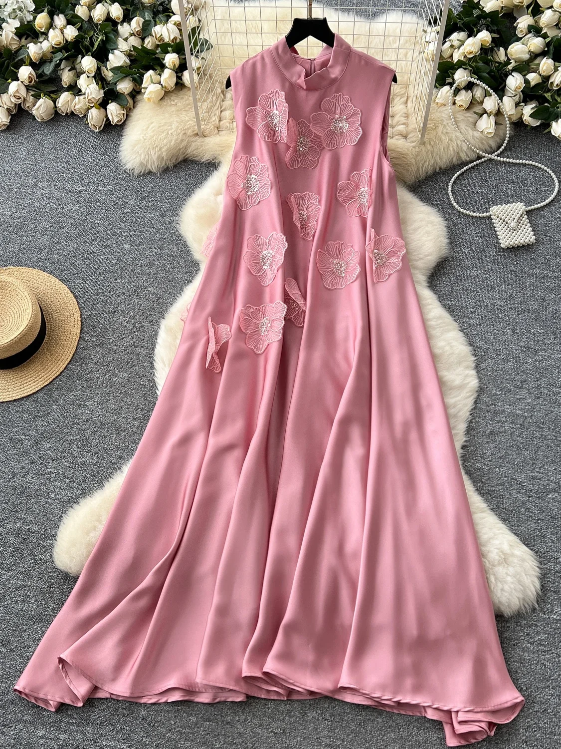 Ele Zware Verfraaid 3D Bloem Ronde Ne Svel Dr Vrouwen Losse Afslanken Satijnen Lange Rok Koreaanse Sle Hoge Taille