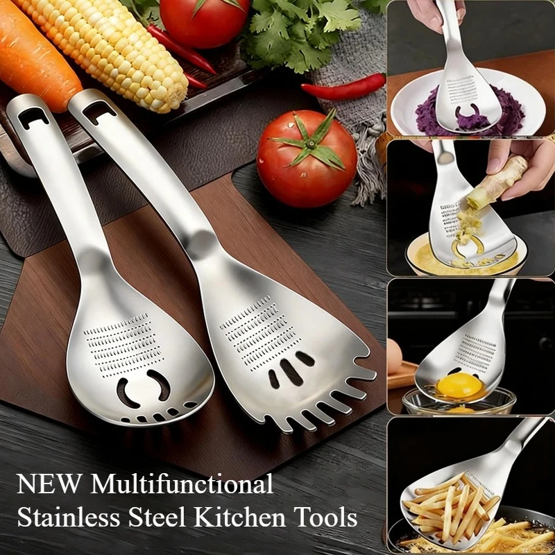 Stainless Steel Garlic Ginger Grinder Spoon Kitchen Vegetable Grater Cooking Egg White Separator Multi-Function Potato Masher