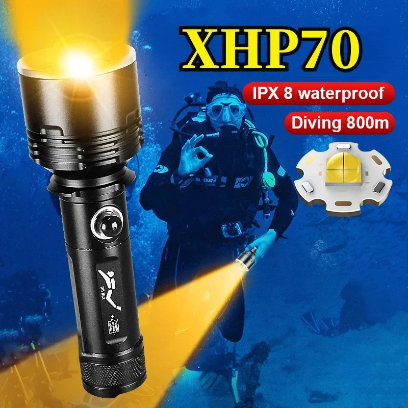 Professional Diving Light Super Bright XHP70 Diving Flashlight 26650 Battery IPX8 Waterproof Lamp 800M Underwater Lantern