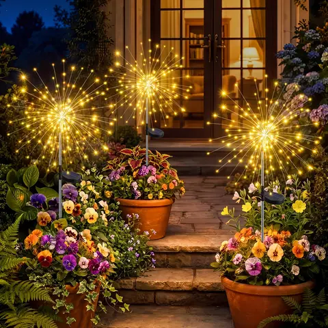 Nuove Luci Solari da Giardino a 120 LED a Forma di Fuochi d'Artificio, Impermeabili, per Cortile, Strada, Prato, Patio e Balcone