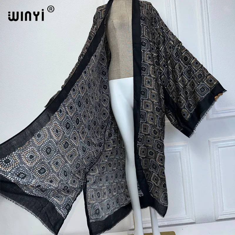 WINYI kimono beach wear women new dress beach cover up Cardigan Hot stamping Retro print coat abayas dubai luxury muslim dress