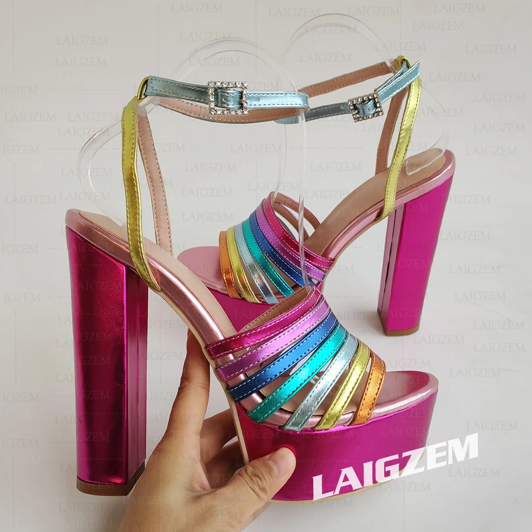 LAIGZEM Women Sandals Strappy Rainbow Colors Patchwork Platform High Heels Summer Pumps Ladies Shoes Woman Big Size 43 48 50 52