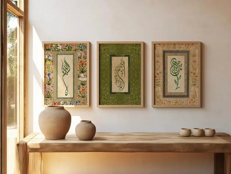 1/3pcs Islamic Muslim Arabic Calligraphy Canvas Print Bohemian Flowers Plants Wall Art Poster for Home Decor Perfect Eid Gift
