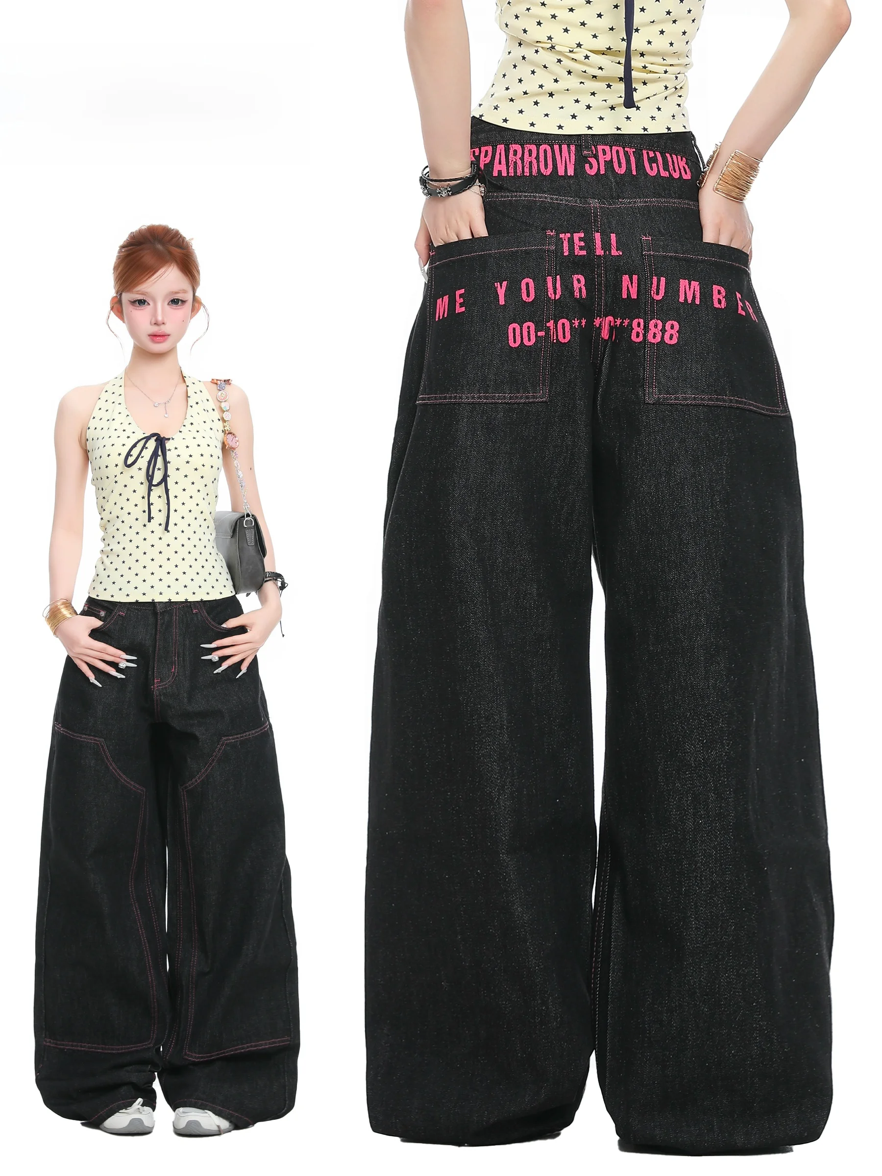 

Джинсы Basterds с высокой талией, широкими штанинами и прямым кроем, в американском уличном стиле, с принтом, длинные брюки для женщин, повседневные, для работы и отдыха, модные