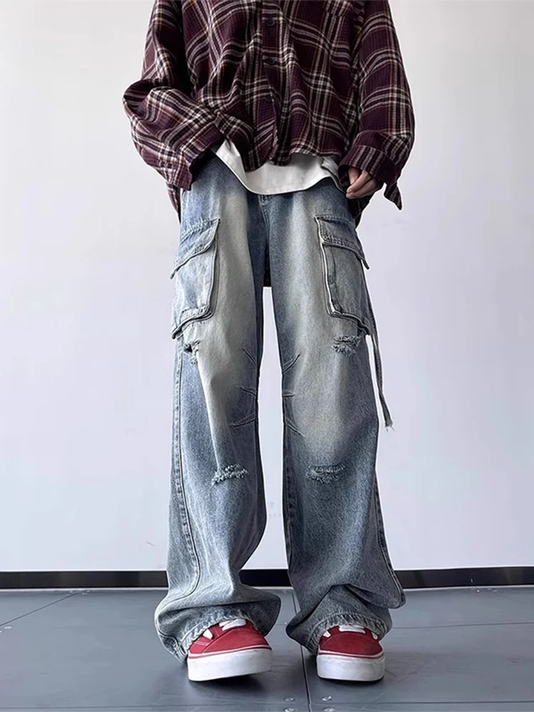 

Мужские рабочие джинсы из денима, осенние, в американском ретро-стиле, с рваными элементами, Cleanfit, слегка расклешенные, широкие брюки, молодежный тренд