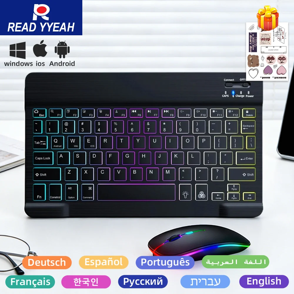 

2026 Bluetooth-клавиатура с подсветкой, перезаряжаемая с мышью для Android iOS, Windows, планшетного телефона, беспроводная клавиатура, испанская иврит