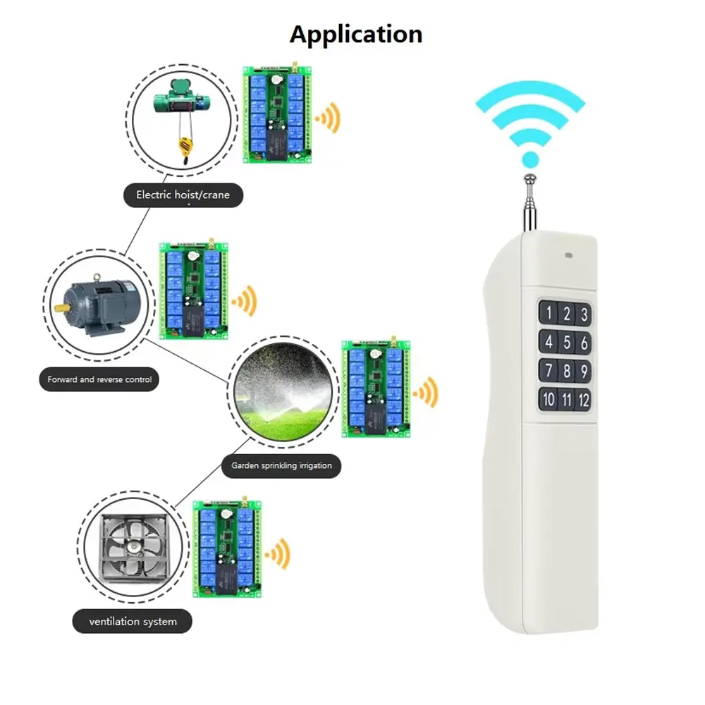 433MHz AC175-308V 12Channel Delay RF Remote Control Switch Transmitter And Receiver For Forwarder And Reverse Control