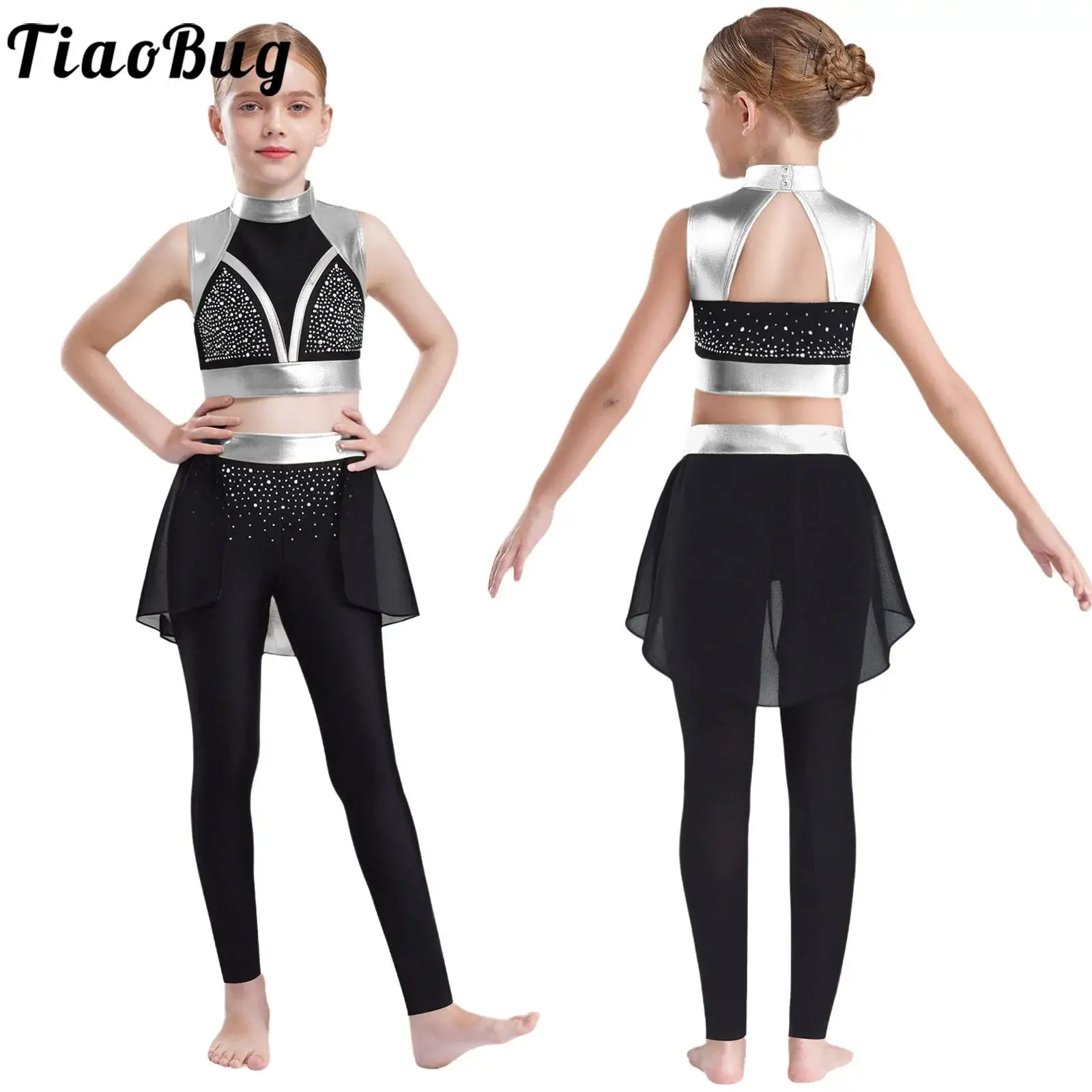 

Girls Shiny Rhinestones Ballet Dance Figure Skating Acrobatic Gymnastics Costume Metallic Crop Top with Leggings Stage Dancewear
