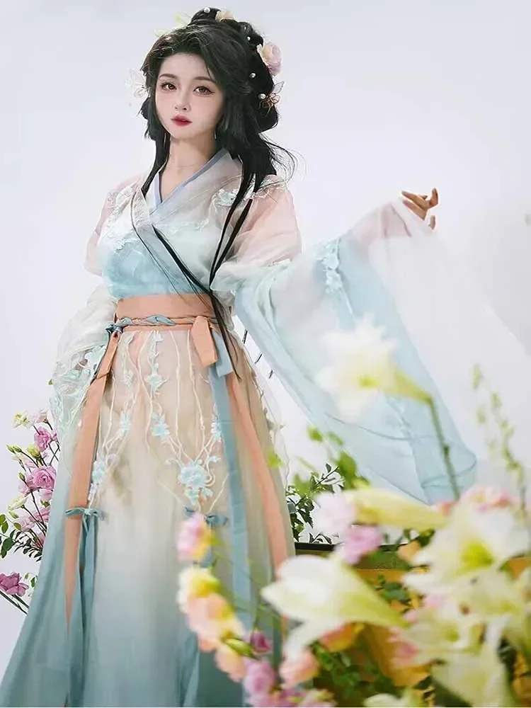 Abito Hanfu Donna Ricamo tradizionale cinese Hanfu Costume cosplay di carnevale femminile Abito Hanfu blu sfumato Taglie forti