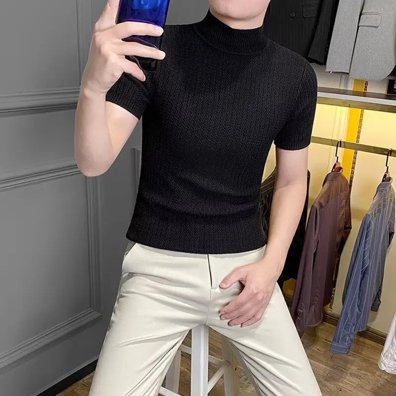 New Summer Korean Style Men'S Half Turtleneck Knitted Short Sleeve-Shirt Trendy Men'S Striped Mid-Neck Base Shirt
