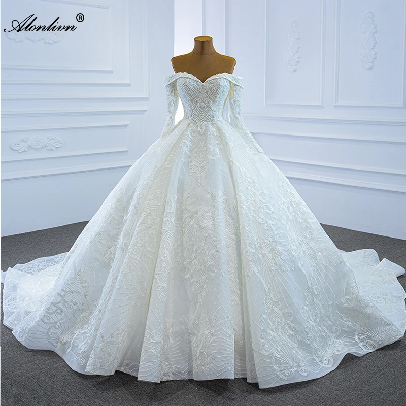 

Alonlivn Sweetheart Luxury Embroidery Appliques Lace Ball Gown Wedding Dresses Beading Pearls Off The Shoulder Bridal Skirts