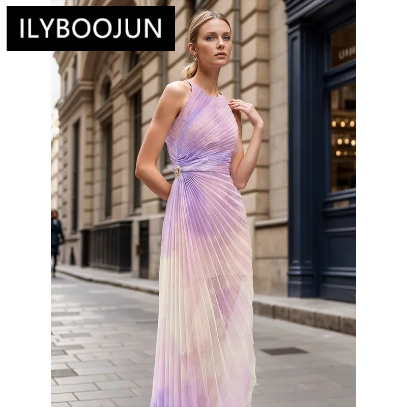 

ILYBOOJUN Colorblock Spliced Folds Elegant Dresses For Women Round Neck Sleeveless High Waist Temperament Dress Female New