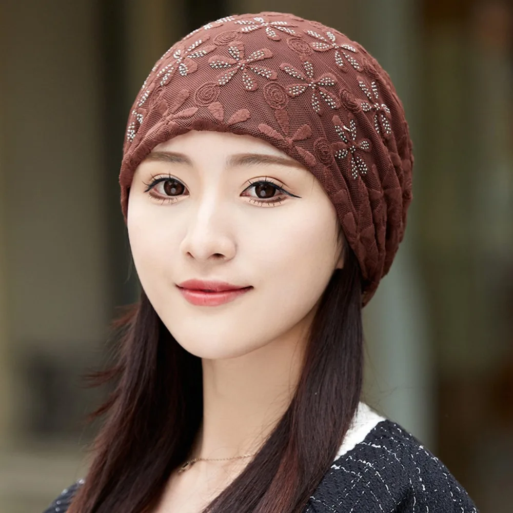 

Lace Flower Beanies Cap Breathable Elegant Thin Crochet Slouchy Hat Headscarf Wrap Hollow Out Turban Beanies Caps Women Girls