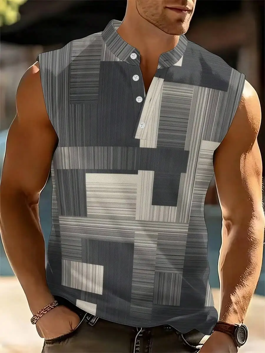 

Mens Sleeveless Stand-Up Collar Shirt Gray Geometric Patchwork Print Polyester Casual Summer