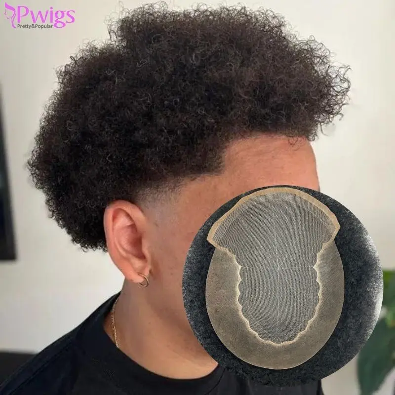 Pwigs Men's Hair Afro Men's Toupee Wig  Q6 360 Wave Hairpiece 100% Human Hair Replacement Toupee for African American