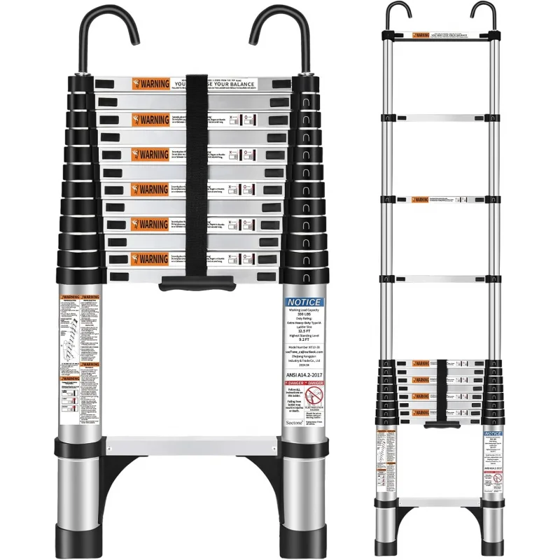 Telescoping Ladder, 12.5 FT Aluminum Extension Ladder with 2 Detachable Hooks, Heavy Duty 330lbs Max Capacity, Multi-Purpose