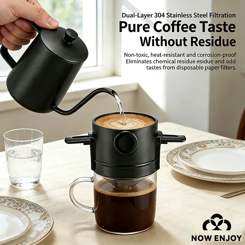 NOW ENJOY Folding Portable Hand Brewed Coffee Dripper Cone for Drip Coffee&Tea Stainless Steel Holder No Filter Paper Ultra Fin