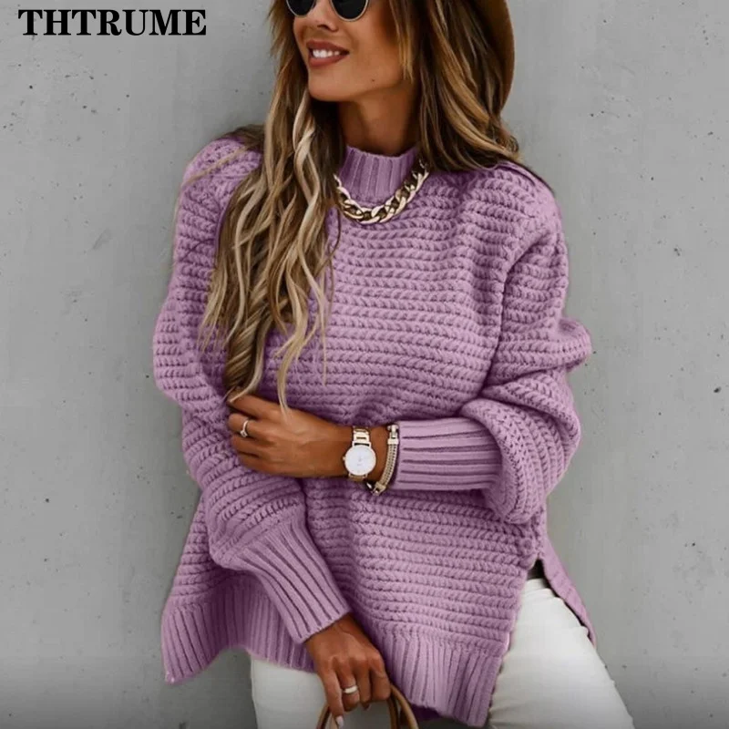 Women Knit Thick Pullovers Fashion Solid Color Autumn Winter Half High Collar Warm Sweater Casual Communte Long Sleeve Jumpers