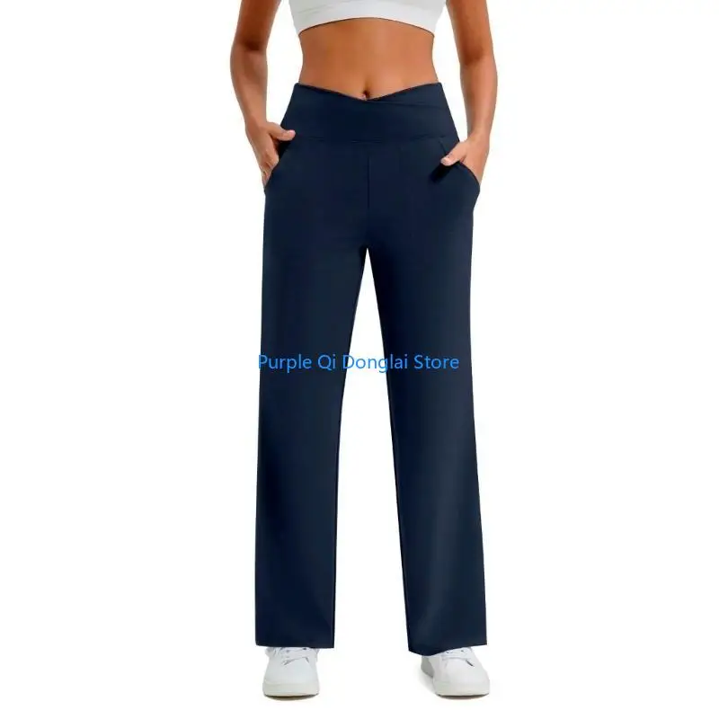 سروال L21E نسائي واسع الساق قابل للتمدد عالي الخصر لليوجا وسروال كاجوال وجيوب