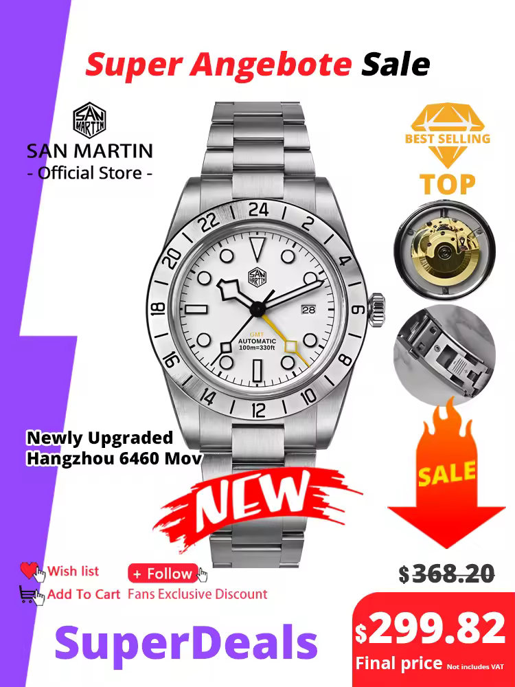 Relógios Mecânicos Automáticos Masculinos San Martin Atualizados 38.3mm BB GMT Hangzhou 6460 Esportivos com Safira Luminosa à Prova d'Água 100m SN0054
