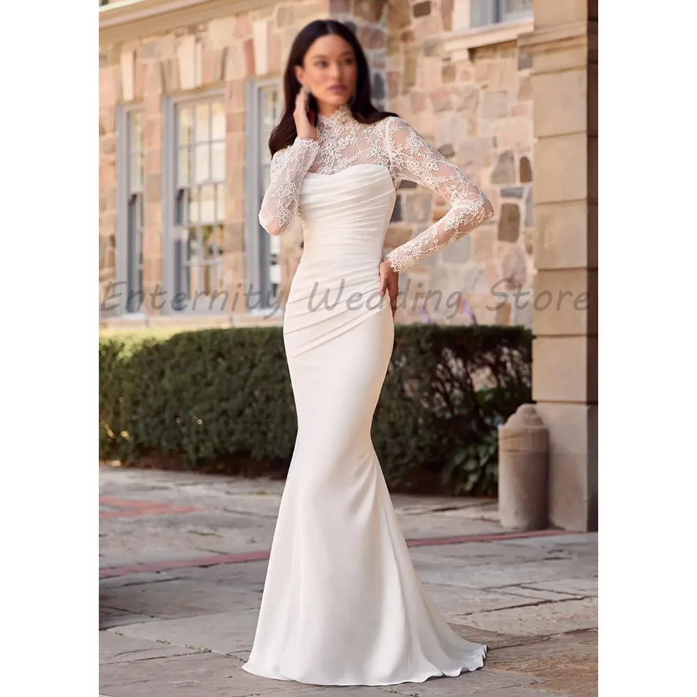 White Mermaid Wedding Dress High Neck Long Lace Sleeves Ruched Satin Bodice Floor Train Modern Bridal Gown