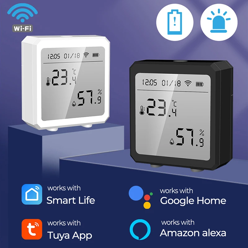 Tuya wifi sensor de temperatura e umidade display lcd higrômetro indoor termômetro funciona com alexa google casa alarme fuction