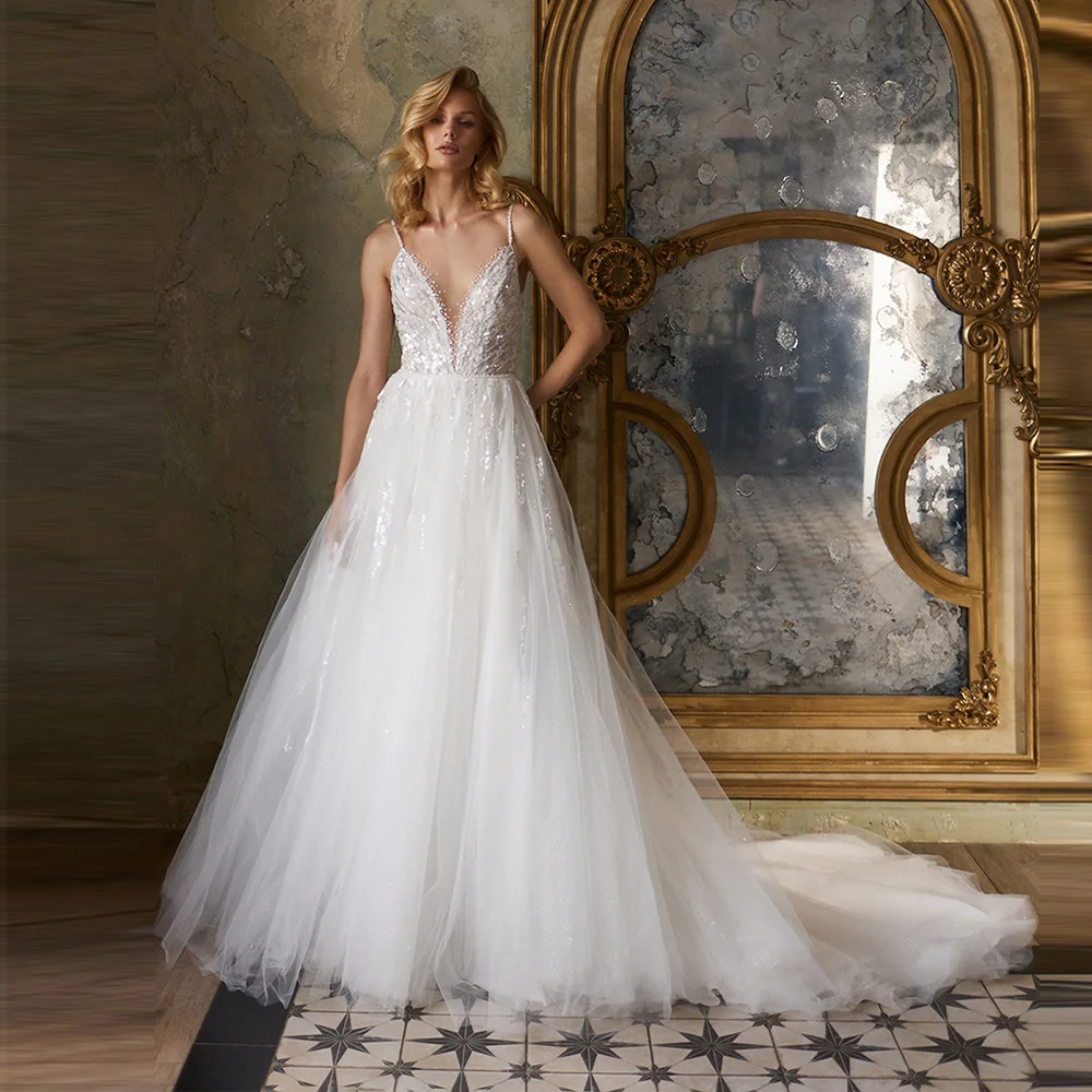 Glamouröse A-Linie Brautkleider für Damen, exquisite Tüll-Spitze-Applikation, Brautkleider, Prinzessin, Wischlänge, Partykleider, individuell gestaltet