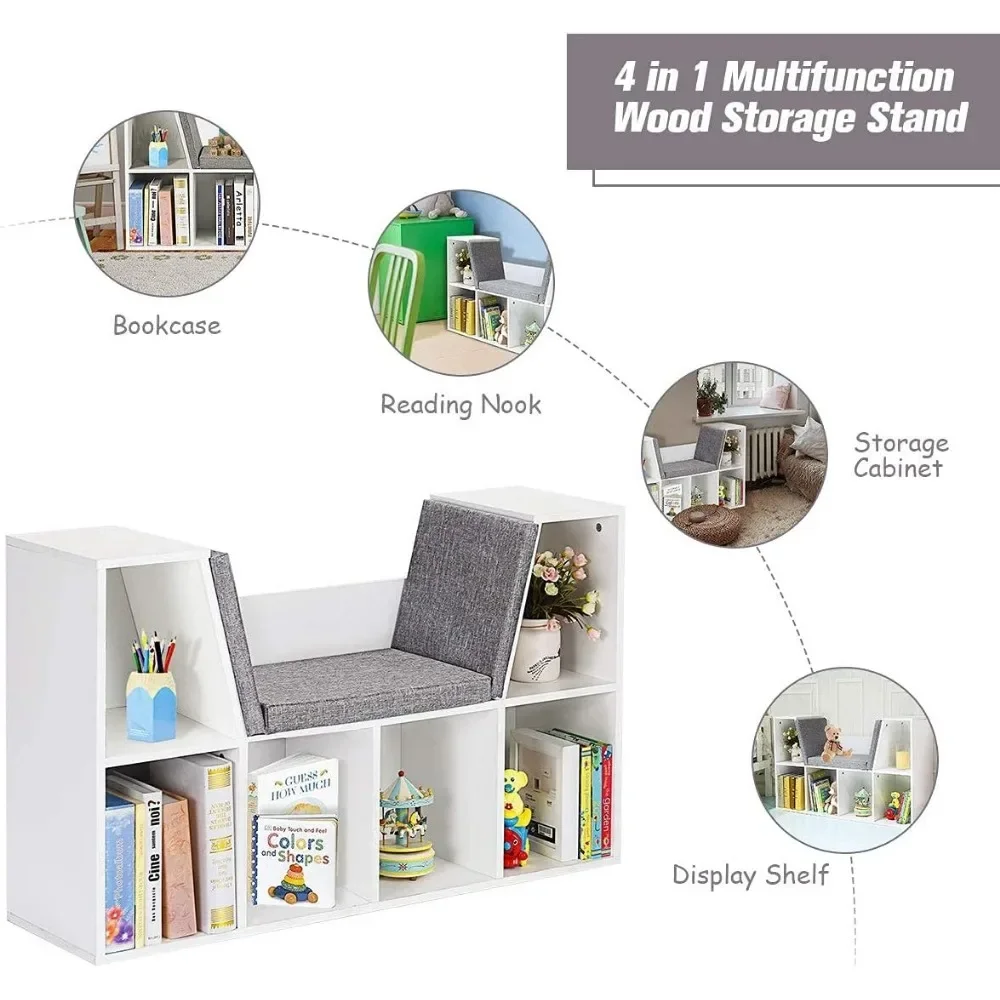 Estante Multi-Propósito com Almofada Reading Nook, Organizador De Armazenamento, Prateleira Do Armário, Almofada Macia, Grosso, 6 Cubby