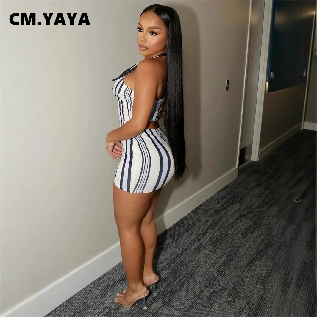 CM.YAYA Fashion Sporty Women's Set Mini Skirt and Sleeveless Striped Top Autumn Street Sext Girl Two 2 Piece Dress Sets Outfits