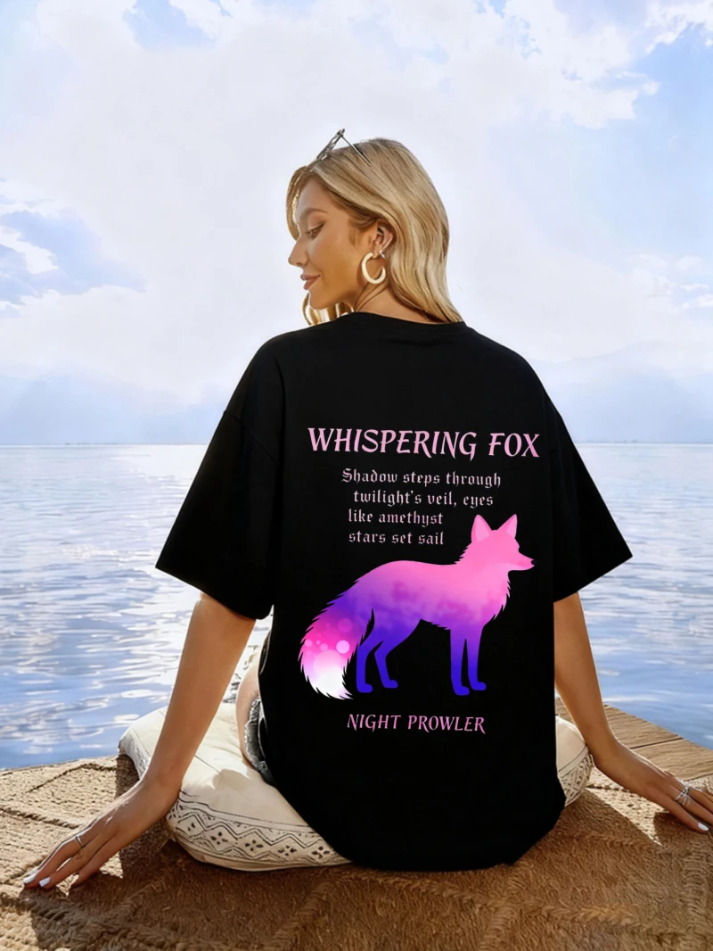

Women's Printed T-shirt with Fluorescent Fox Pattern "WHISPERING FOX" Night Walker Round-neck Printed Summer Casual Vacation Top