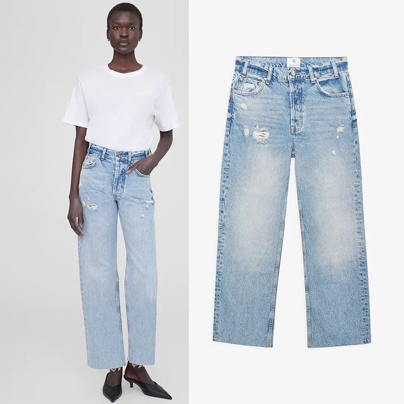 Autumn New North American Niche AB High Waist Wash Wash Hole Wash Rot To Do Old Women's Nine-minute Denim Straight Leg Pants