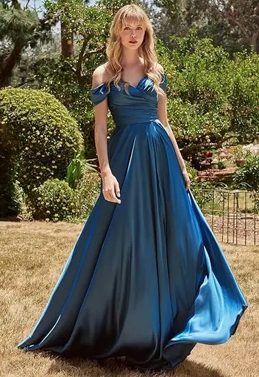 Women\'s Off The Shoulder Satin Bridesmaid Dresses for Wedding Long Pleated Formal Evening Party Gowns Elegant Slit Maxi Dress