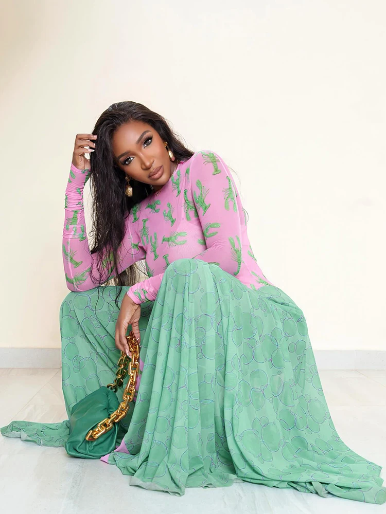 فستان ماكسي أنيق مثير من Kliou فستان نسائي شبكي مرقع بألواح مطبوع بأكمام كاملة وتصميم متباين بحاشية منتصف الليل فساتين أنيقة