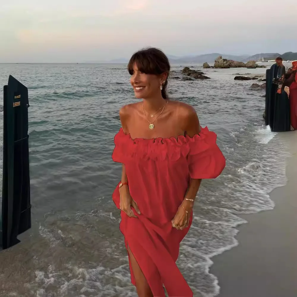 여성 섹시한 캐주얼 민소매 프릴 미디 드레스 Boho 솔리드 ​​비치 Sundress 루즈 드레스 2025 Summer Elegant Vestidos