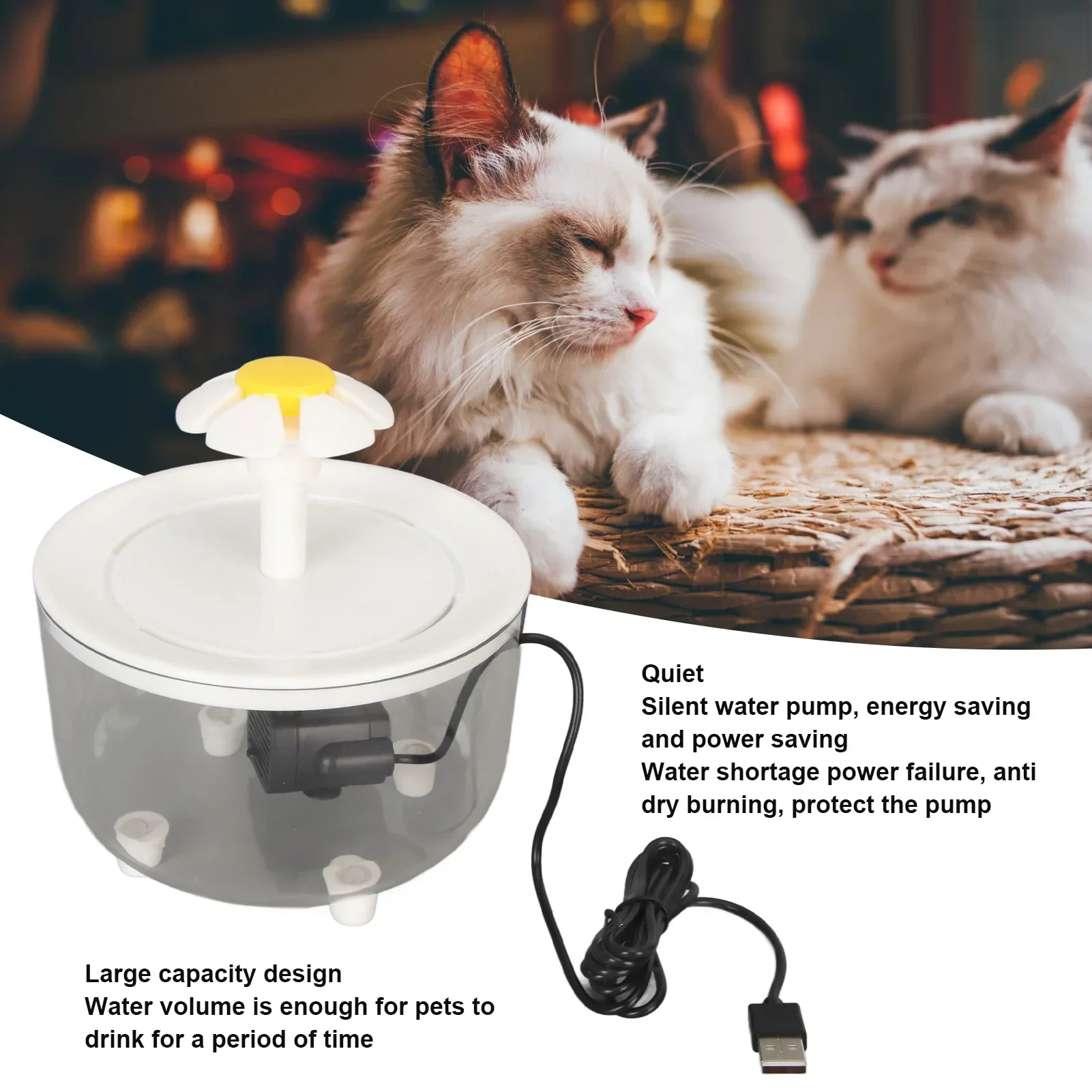 Automatic Circulating Pet Water Fountain Cat Mute Water Dispenser Dog Transparent Petal Water Filter Off Power Outage