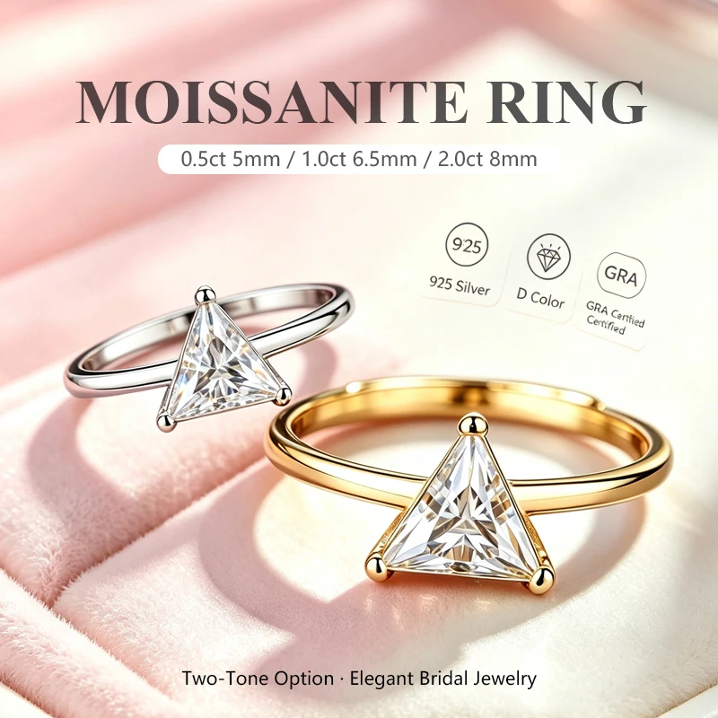 0.5-2.0ct Triangle Cut Moissanite Ring D Color S925 Silver Diamond Tester Passed Luxury Wedding Gift for Women with GRA Certific