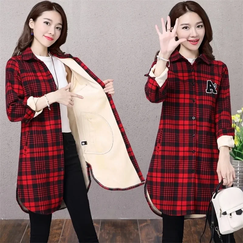 2024 Velvet Padded Plaid Shirt Jacket Women\'s Autumn Winter New Coats Long Sleeve Mid-Long Loose Pocket Outwear Coat Female