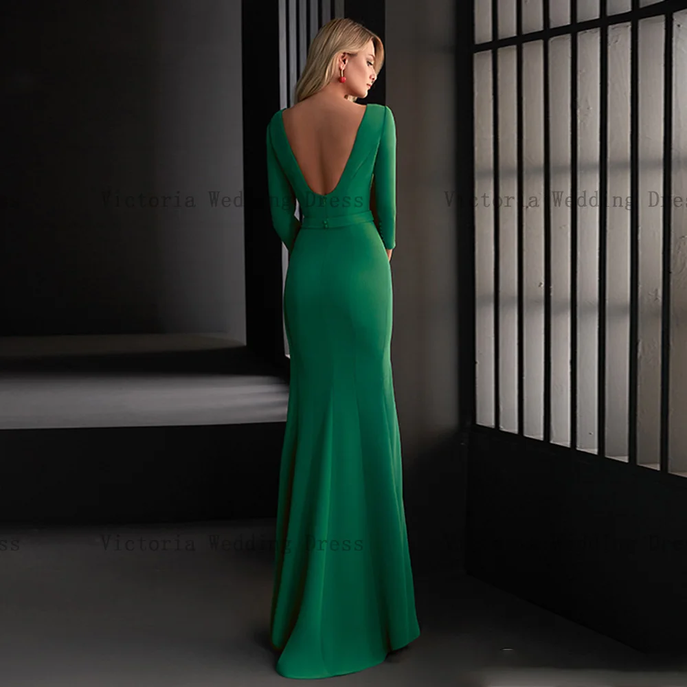 Vestidos de fiesta de boda para madre de la novia, elegantes vestidos verdes con cuello de pico y mangas 3/4, longitud hasta el suelo, abertura frontal