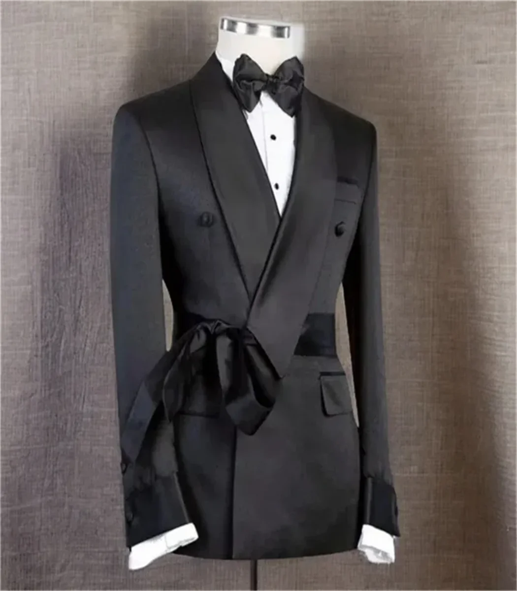 1 Pc Double Breasted Suit Jacket for Men Wedding  Shawl Lapel Slim Fit Groom Blazer with Belt  Fashion Coat