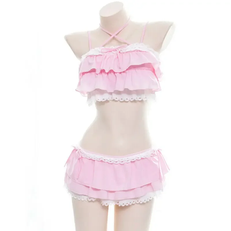 Cute Girls Lolita Ruffle Bikini Sukumizu Cosplay Pink And Black Color Swimsuit Hollowed Multilayer Hem Biquini Women Swimwear XR