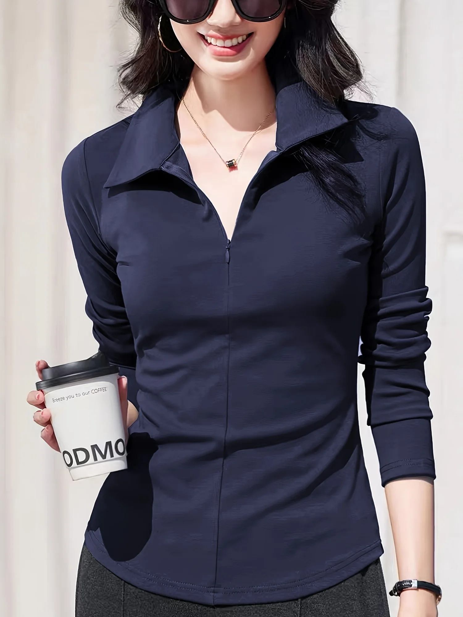 

Women's solid color half zipper design fashion and leisure long sleeve POLO shirt can be machine washed and dry cleaned