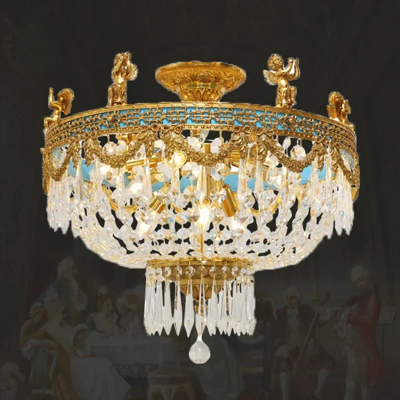 

French Bedroom Brass Crystal Ceiling Lamp Dewaxed Copper Angel Light Fixtures European Villa Study Dining Room Luminaire