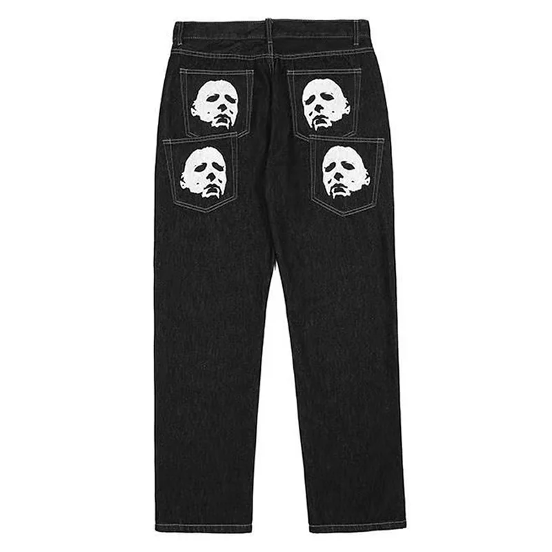 Vintage Multi-pocket Jeans Y2K Men Loose Straight Leg Fashion Wide Leg Print Cargo Pants Baggy Denim Black High Street Trousers