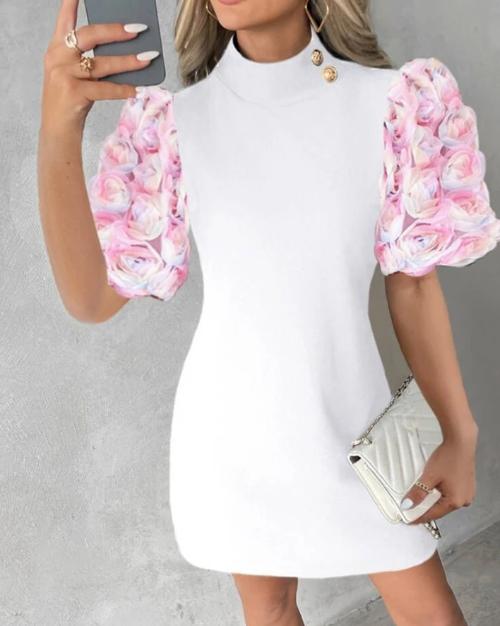 

2024 Spring New Women's Dress Mock Neck Button Decoration Colorblock Floral Pattern Puff Short Sleeve Casual A Line Mini Dress