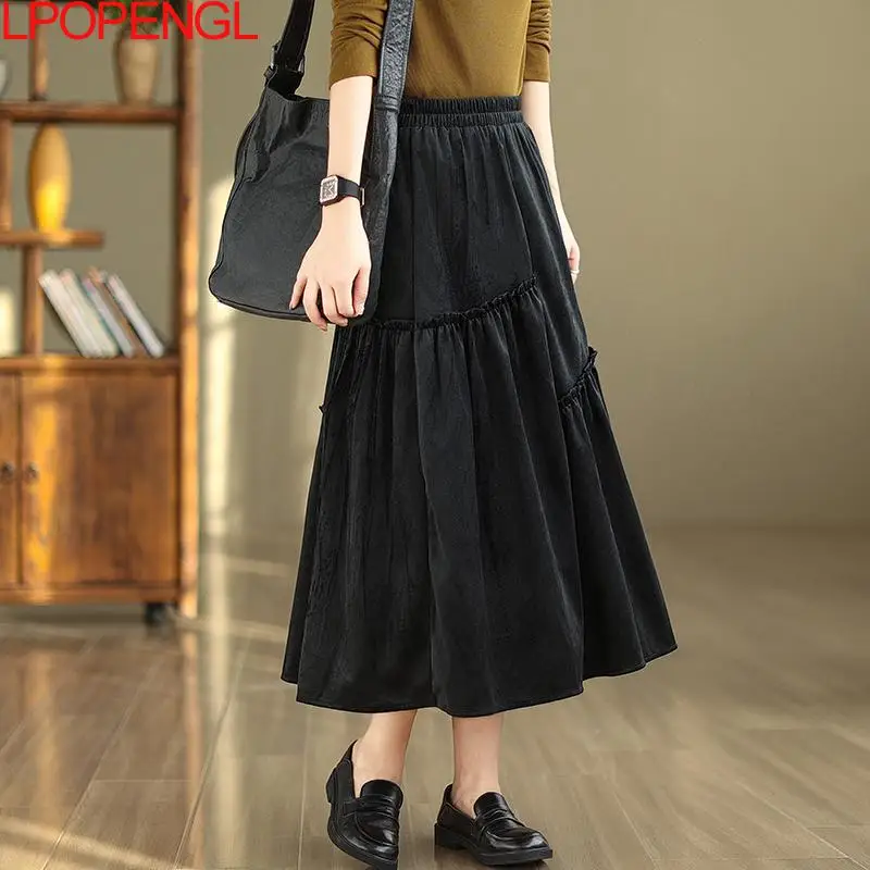 2023 Fashion Woman's Autumn New Literary Vintage Patchwork Solid Color Irregular Loose Casual Temperament A-line Mid-calf Skirt